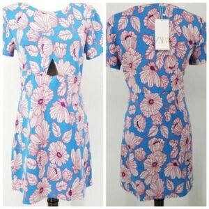 ZARA Floral Jacquard Cut Out Mini Dress Size Large Blue Red